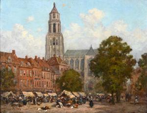 LE BOEUFF Pierre 1899-1920,market scene with a Cathedral in the background,Charterhouse 2022-01-06