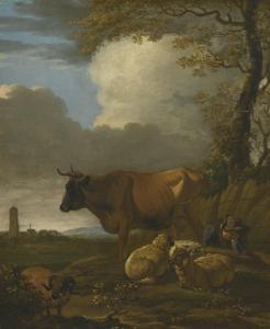 LE DUCQ Jan le Duck,LANDSCAPE WITH A COW, SHEEP AND A RESTING SHEPHERD,Sotheby's 2013-04-30