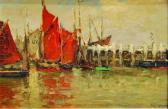 LE MAYEUR DE MERPRES Adrien 1844-1923,Vue d'un port à la voile rouge,Osenat FR 2010-10-24
