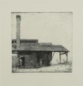 LEACH Bernard Howell,Factory with tall chimney and workman with sacks,1909,Cheffins 2019-02-07