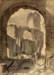 LEBARBIER Jean Jacques, l'Aîné 1738-1826,Blick auf eine antike Ruine mit Trauernde,Galerie Bassenge 2023-12-01
