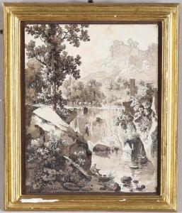 LEBLANC Alexandre 1793-1866,Paesaggio con cascata ed un personaggio assiso,Cambi IT 2018-03-20