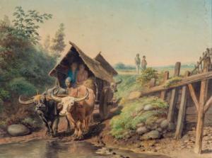 LEBRET Frans 1820-1909,A Javanese landscape with an ox-drawn-cart near a ,1863,Venduehuis 2021-09-08