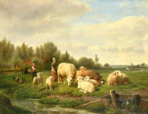 LEBRET Frans 1820-1909,figures and sheep by a stream with a windmill and ,John Nicholson 2022-12-21