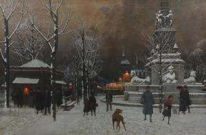 LEBRUN Marc Eugène 1867-1920,Place du Châtelet animée, la nuit, sous la neig,1919,Kapandji Morhange 2017-09-18