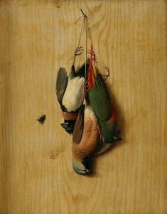 LECOSTY J,Jachttrofee in trompe-l\’oeil met vogels en bromvl,19th century,Bernaerts 2016-09-12