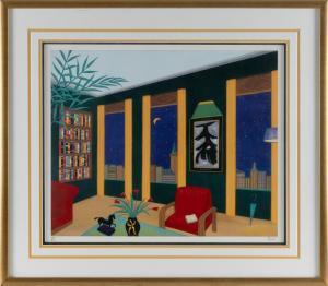 LEDAN Francois 1949,Interior scene with a view of the evening cityscap,Eldred's US 2023-08-30