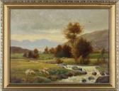LEE Ambrose,A meadow in summer with sheep by a waterfall,1902,Anderson & Garland GB 2008-06-03
