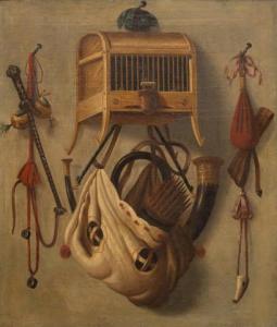 LEEMANS Johannes 1633-1688,A trompe l'oeil with a bird cage and hunting equip,Venduehuis 2022-11-16
