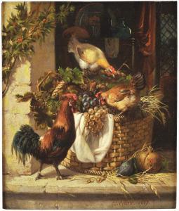 LEFEVRE AD,Natureza morta com galo, galinhas e cesto de fruto,1857,Cabral Moncada 2010-09-24