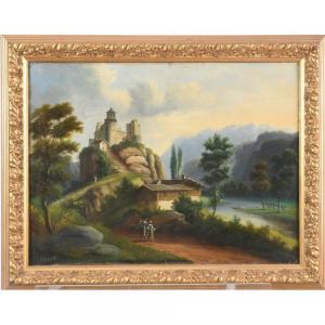 LEGER,Paysage lacustre animé avec forteresse,19th century,Herbette FR 2022-07-24