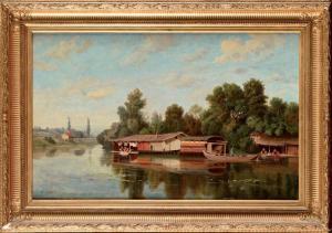 LEGRAS Auguste J. Fr 1817-1887,Paysage aux lavandières et au bateau-lavoir,1885,Osenat FR 2020-03-15