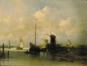 LEICKERT Charles Henri Joseph 1816-1907,Barges on a waterway, a sunlit churchtower beyon,Christie's 2000-04-18