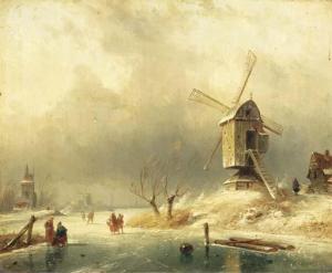 LEICKERT Charles Henri Joseph,Winter: figures on the ice by a windmill,Christie's 2003-10-28