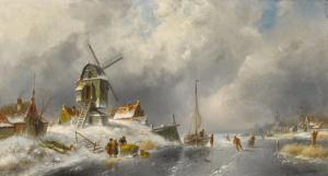 LEICKERT Charles Henri Joseph,Winter landscape with skaters and windmill,Sotheby's 2024-04-10