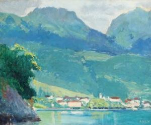 LELEUX Armand 1894,Mountainous landscape with a town nestled on a lake,Bruun Rasmussen DK 2020-07-27