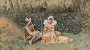 LELOIR Louis Alexandre 1843-1884,A couple seated in a garden, picking flowers,Rosebery's 2024-02-27