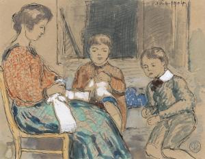 LEMMEN Georges 1865-1916,La couture, Madame Lemmen, Pierre et Jacques,1904,De Vuyst BE 2024-03-02