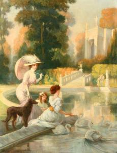 LENTREIN Jules 1875-1943,elegant female figures and swans,John Nicholson GB 2022-10-05