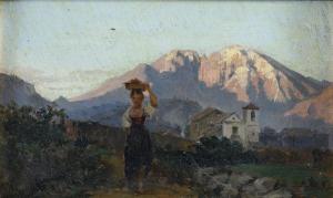 LENZI Michele 1834-1886,PAESAGGIO COL MONTE VELINO E CONTADINA CHE RIEDE A,Babuino IT 2022-12-14