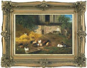 Leon S. Julliard,farm scene with chickens and ducks,1966,Pook & Pook US 2011-10-01