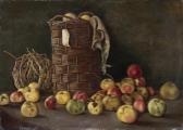 LEONARD George B 1923-2010,Stillleben mit Äpfeln auf einer Tischplatte vor zw,Fischer CH 2009-11-11