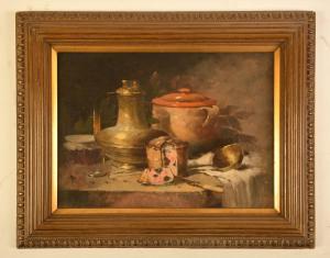 LEROY,A still life painting of brass tankard and cheese spread,Kamelot Auctions US 2021-09-22