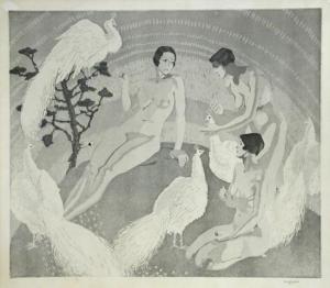 LESLIE Cecil Mary 1900-1980,Girls with white peacocks,Cheffins GB 2014-10-22