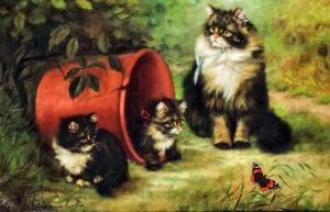 lester adrienne,Tabby cat and two kittens in an upturned flower po,Canterbury Auction 2019-08-06