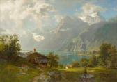 LEU August Wilhelm 1819-1897,Mountain lake with washerwoman and child,1875,Galerie Koller 2019-09-27