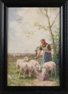 LEURS Johannes Karel 1865-1938,Peasant woman feeding sheep,Twents Veilinghuis NL 2020-10-22