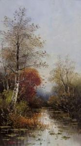 Leutner C 1900-1900,Herbstliche baumbestandene Flusslandschaft,Peege Frank DE 2009-12-05