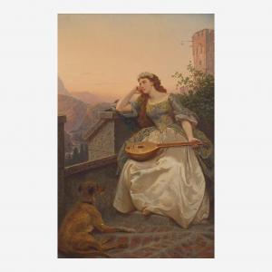 LEUTZE Emmanuel Gottlieb,Young Woman Daydreaming with Mandolin and Dog,1865,Freeman 2023-09-20