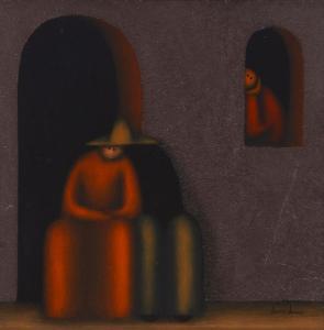 LEUUS Jesus Mariano 1948-2018,Figures seated in a doorway,1968,John Moran Auctioneers US 2022-08-23