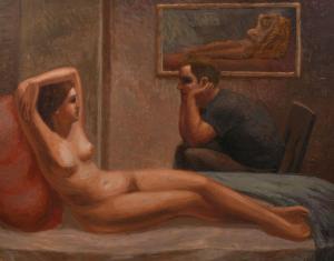 LEVIN Eli 1938,Nude Model Reclining on a Bed in an Interior with Male Figure,Burchard US 2022-07-16