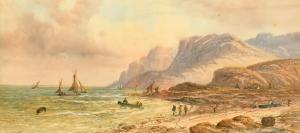 LEWIS E,A hilly coastline with figures on the beach,John Nicholson GB 2022-08-03