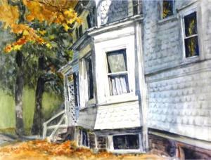 LEWIS Nat 1925-2015,depicts old white farm house in fall, brick founda,Winter Associates 2022-10-03