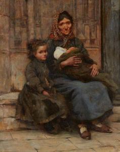 LEYDET Victor 1861-1904,Femme et enfants devant une église,Rossini FR 2020-12-08