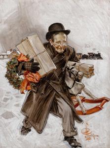 LEYENDECKER Joseph Christian 1874-1951,Father Rushing Home with an Armload of Gi,1909,William Doyle 2023-11-08