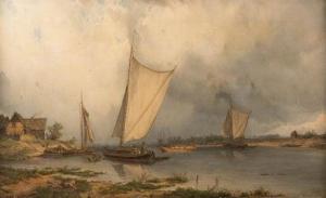 LEYPOLD Carl Julius 1806-1874,Barges by the banks of river Elbe La,1871,Hargesheimer Kunstauktionen 2020-09-12