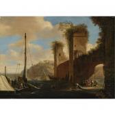 LIAGNO di Theodoro Filippo,HARBOR SCENE WITH SHIPS, RUINS AND FIGURES BY AN A,Sotheby's 2008-01-24