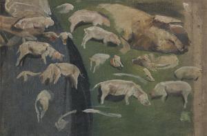 LIEBERMANN Max 1847-1935,Muttersau und Ferkel, Studien zum Schweinekoben,1887,Christie's 2019-05-14
