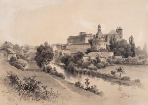 LIEBSCHER Karl 1851-1906,Castle in Jindřichův Hradec,Vltav CZ 2021-06-17