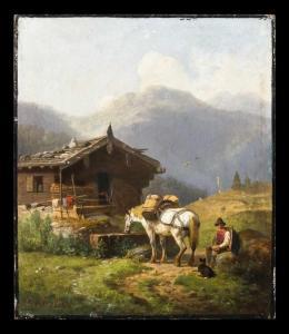LIESKE Karl 1816-1878,Rastender Bauer mit Pferd am Brunnen vor einer Sennhütte,Zeller DE 2020-06-24