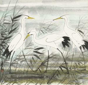 LIN FENGMIAN 1900-1991,Egrets on Reeds Pond,Christie's GB 2023-12-01