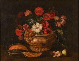 LINARD Jacques,Fleurs dans un vase d\’orfèvrerie, melon et figues,1640,Millon & Associés 2021-12-19