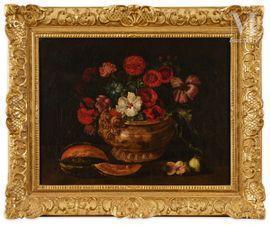 LINARD Jacques,Fleurs dans un vase d\’orfèvrerie, melon et figues,1640,Millon & Associés 2021-06-11