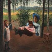LINDBRINCK Th,A woman reads in a hammock while a girl pushes,Bruun Rasmussen DK 2011-09-12