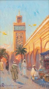 LINDENAU Martin 1948,Coucher du soleil sur le minaret de la Kasbah, Mar,Mazad et Art MA 2022-12-29