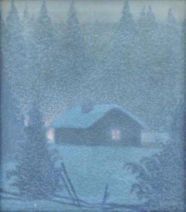 LINDH Bror 1877-1941,Stuga i snötäckt skymningslandskap,Uppsala Auction SE 2023-12-12